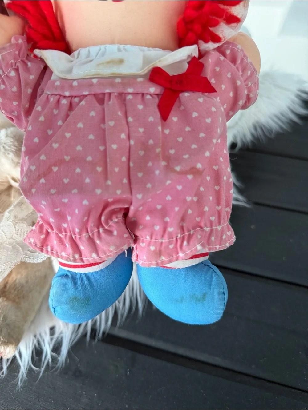 Vintage Plush Bunny in Ivory Lace Dress & Pink Rag Doll Pair - Soft Kids Toys